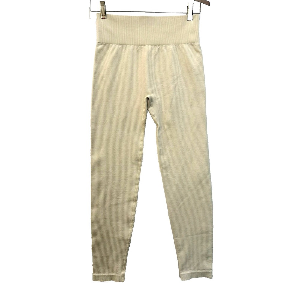 OQQ Size Large Ribbed Ivory Leggings Yoga Pant Wide Waistband
